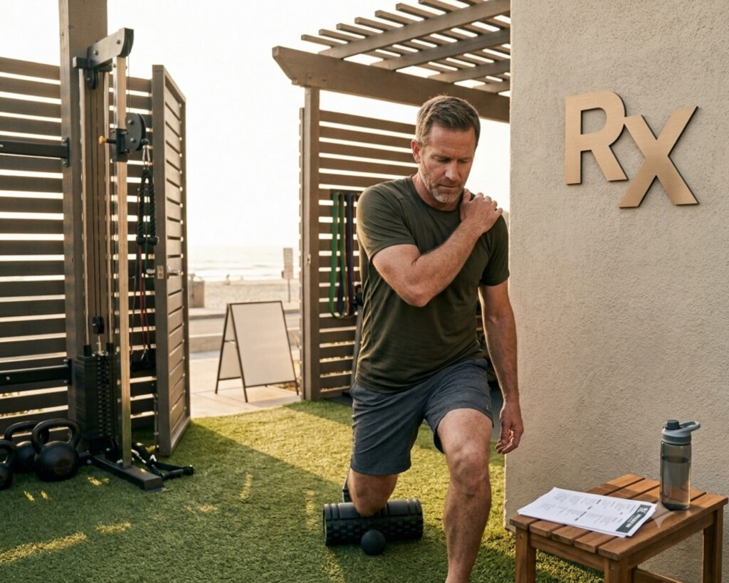 Active adult working through shoulder rehabilitation program at Rx Rehab and Performance San Diego