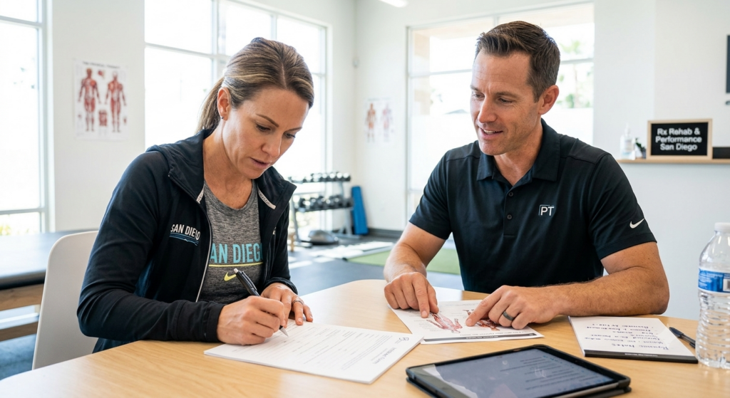 Active adult making the decision to start injury rehabilitation program at Rx Rehab and Performance San Diego