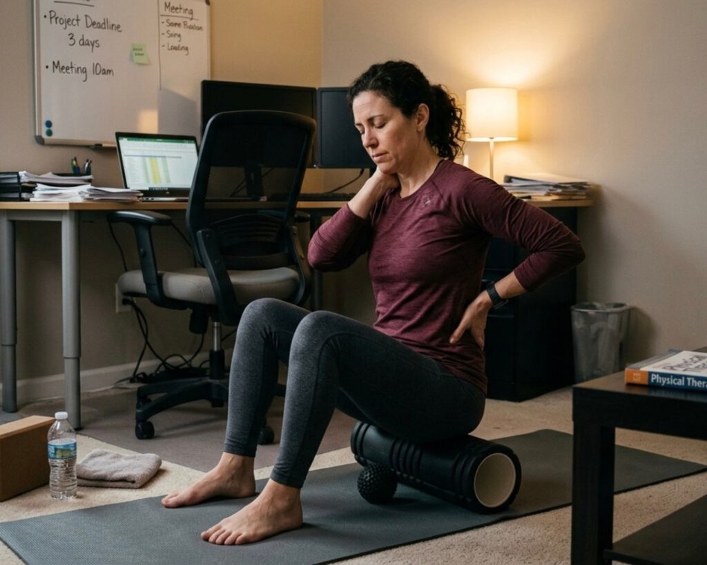 Active adult experiencing effects of sedentary work demands on movement quality and recovery